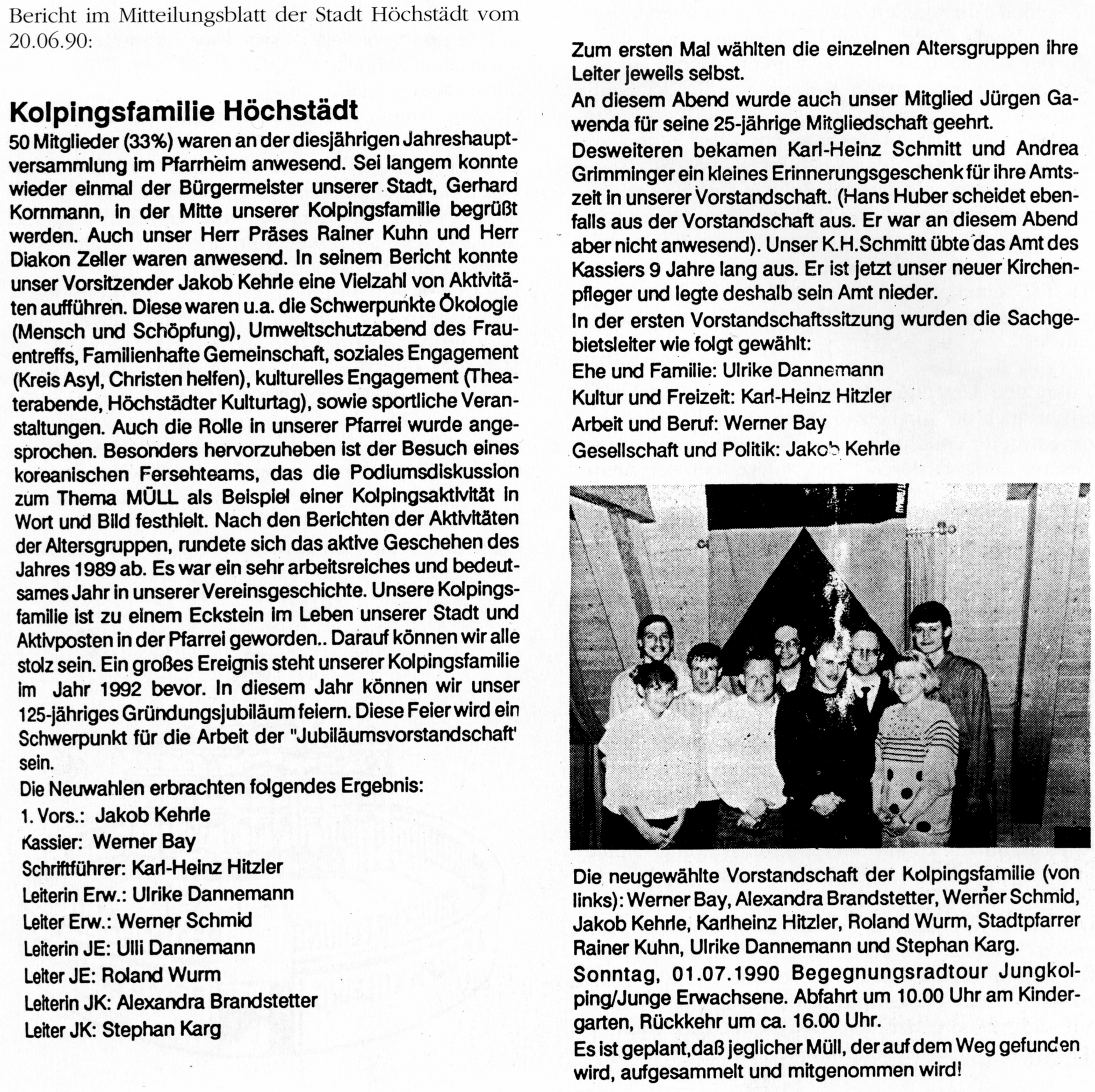Bericht im Mitteilungsblatt der Stadt Höchstädt vom 20.06.1990